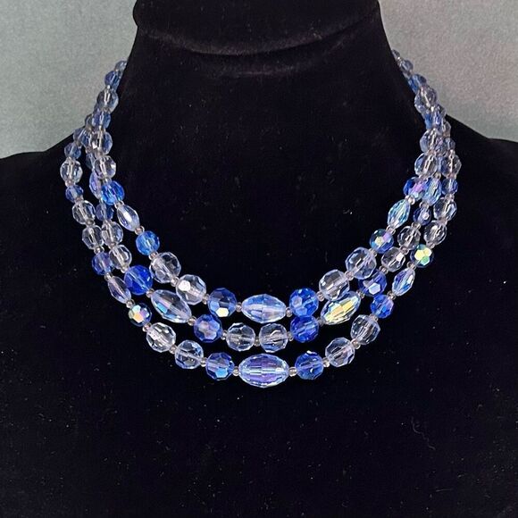 Aurora Borealis Crystal Collar necklace Women's 14" Blue Triple Stand Adjustable - Picture 1 of 7